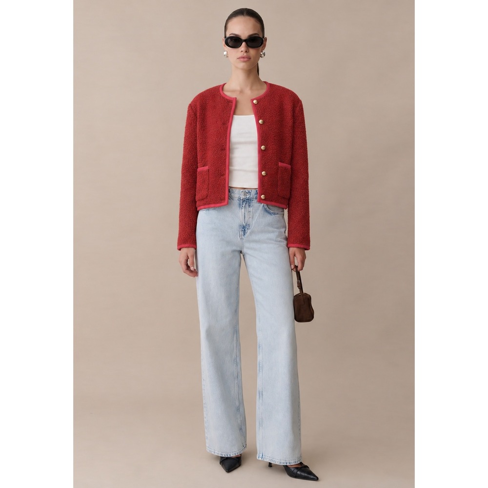 CAARA Womens Joe Relaxed Fit Cropped Wool Boucle Jacket Red Tweed Gold Buttons